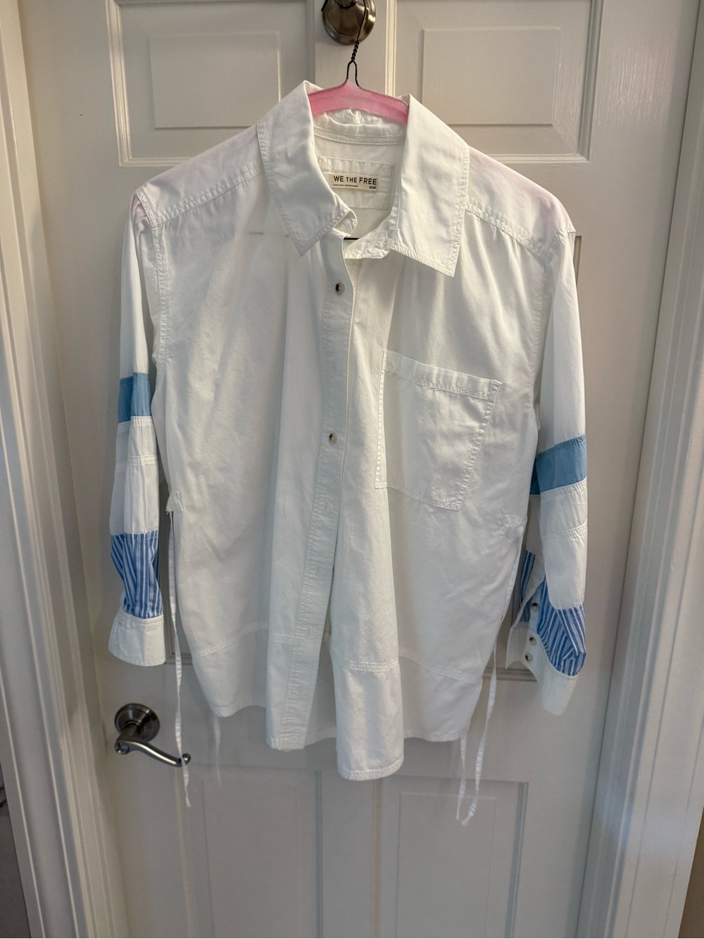 We The Free White Button-Up Shirt with Blue Sleeve Accents